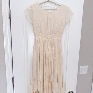 Joyfolie Boho wheat colored linen dress with back cutout and lace